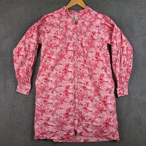Boden Pink Tropical Palm Print Cotton Shirt Dress Pintuck Ruffle Mini Antonia